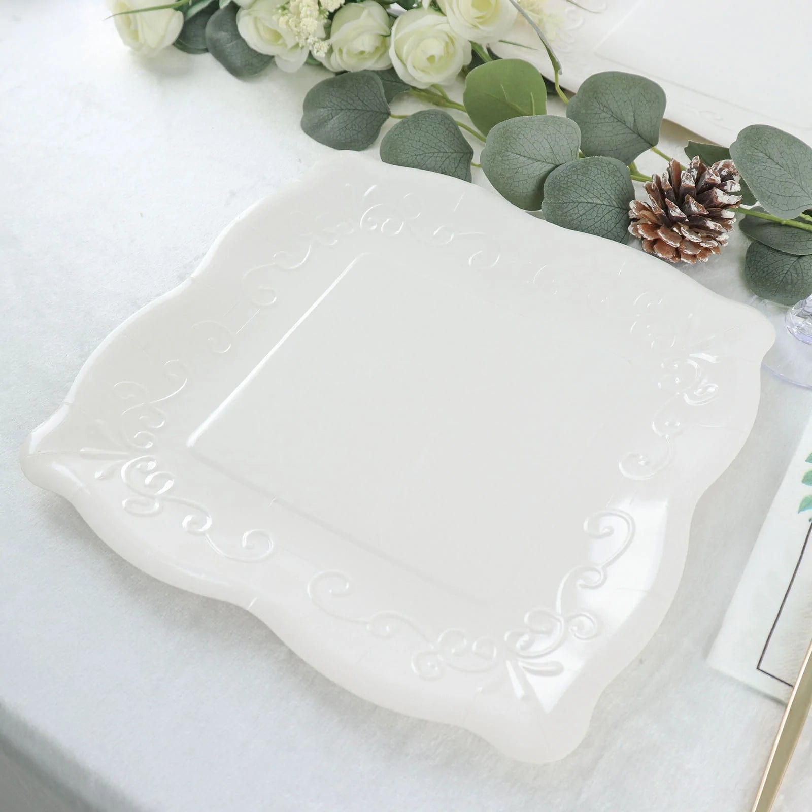 25 Square Disposable Dinner Dessert Paper Plates with Embossed Scroll Trim