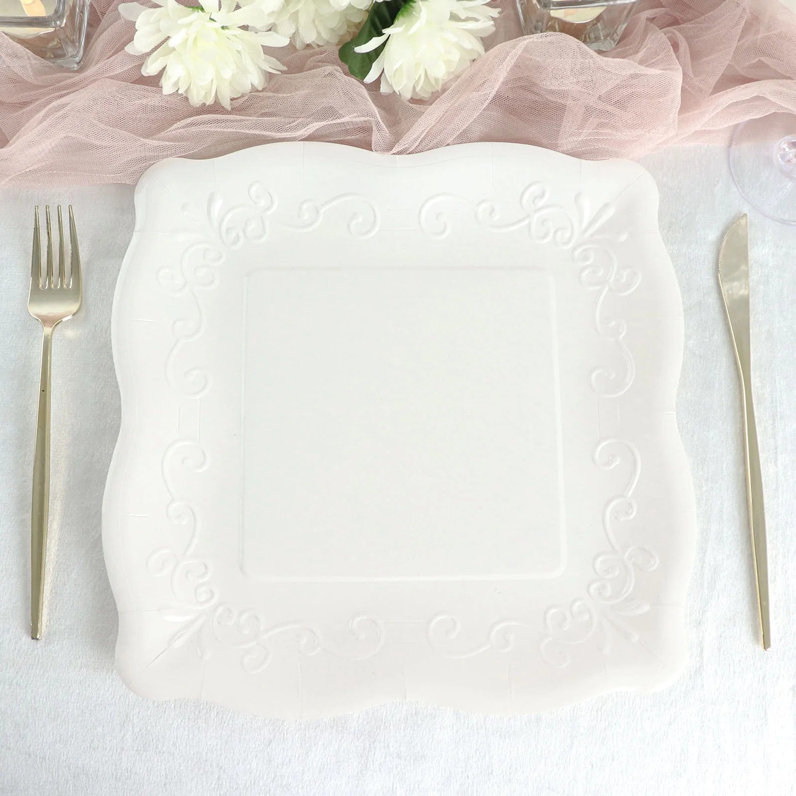 25 Square Disposable Dinner Dessert Paper Plates with Embossed Scroll Trim