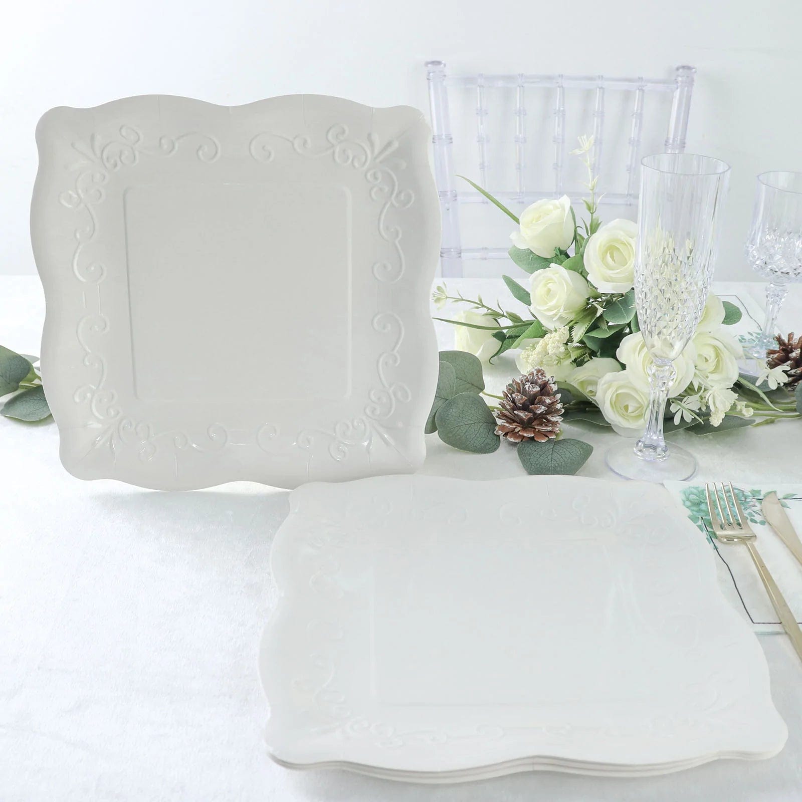 25 Square Disposable Dinner Dessert Paper Plates with Embossed Scroll Trim