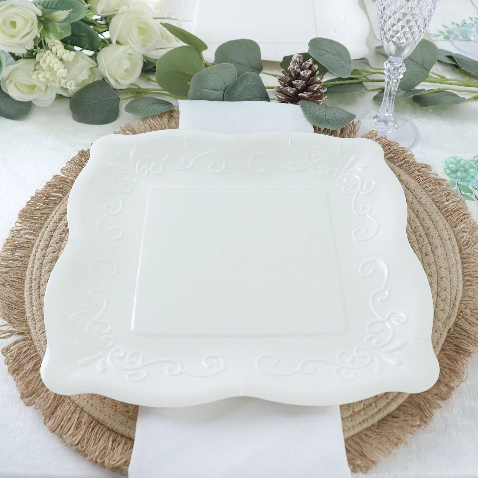 25 Square Disposable Dinner Dessert Paper Plates with Embossed Scroll Trim