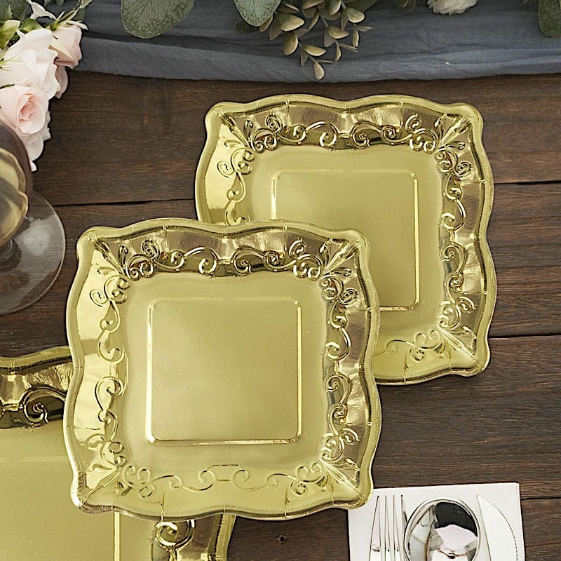 25 Square Disposable Dinner Dessert Paper Plates with Embossed Scroll Trim
