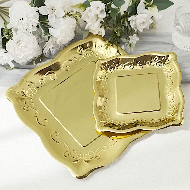 25 Square Disposable Dinner Dessert Paper Plates with Embossed Scroll Trim