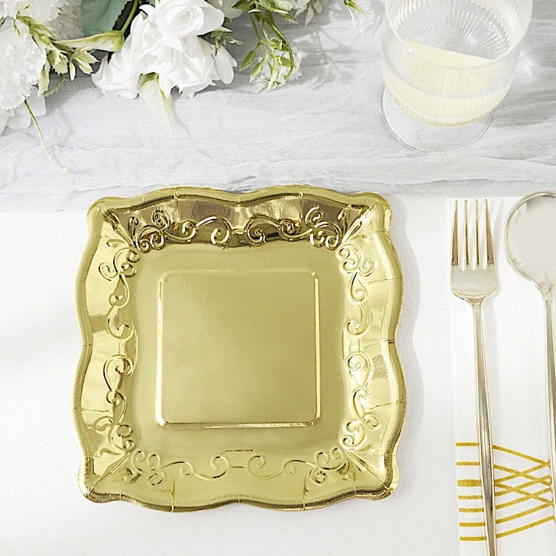 25 Square Disposable Dinner Dessert Paper Plates with Embossed Scroll Trim