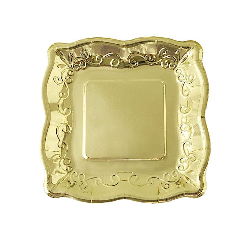 25 Square Disposable Dinner Dessert Paper Plates with Embossed Scroll Trim