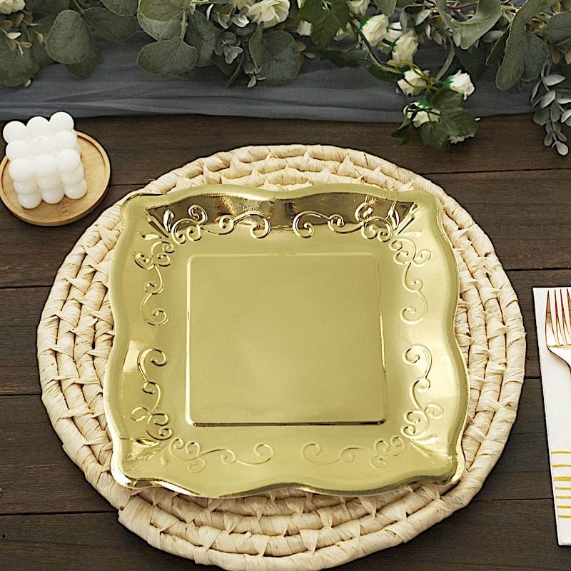 25 Square Disposable Dinner Dessert Paper Plates with Embossed Scroll Trim