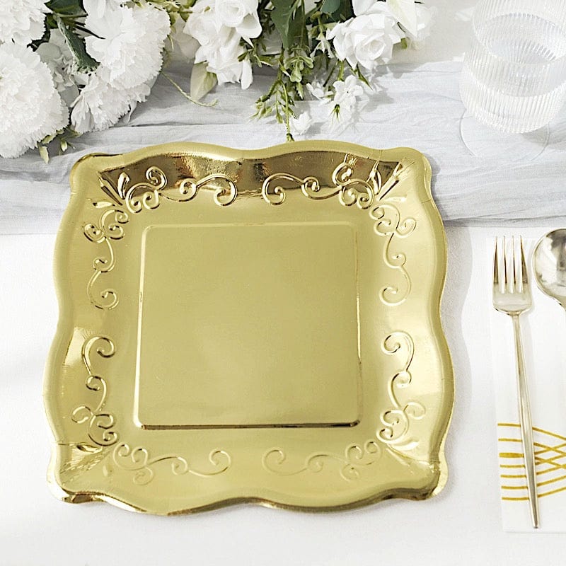 25 Square Disposable Dinner Dessert Paper Plates with Embossed Scroll Trim