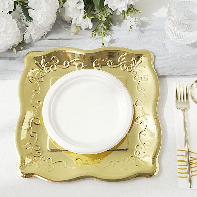 25 Square Disposable Dinner Dessert Paper Plates with Embossed Scroll Trim