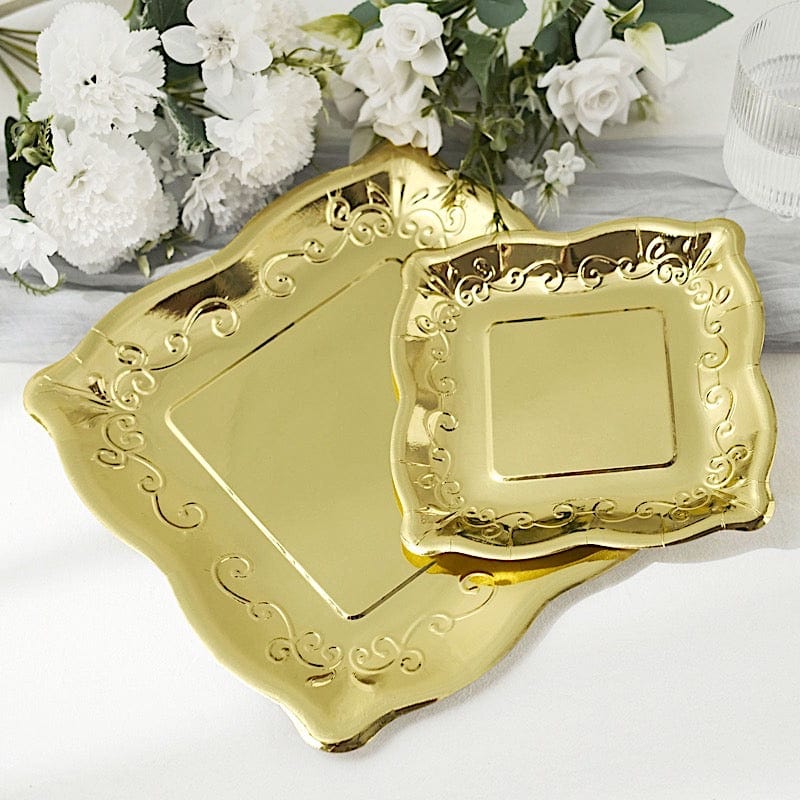 25 Square Disposable Dinner Dessert Paper Plates with Embossed Scroll Trim