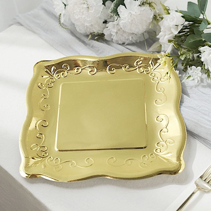 25 Square Disposable Dinner Dessert Paper Plates with Embossed Scroll Trim