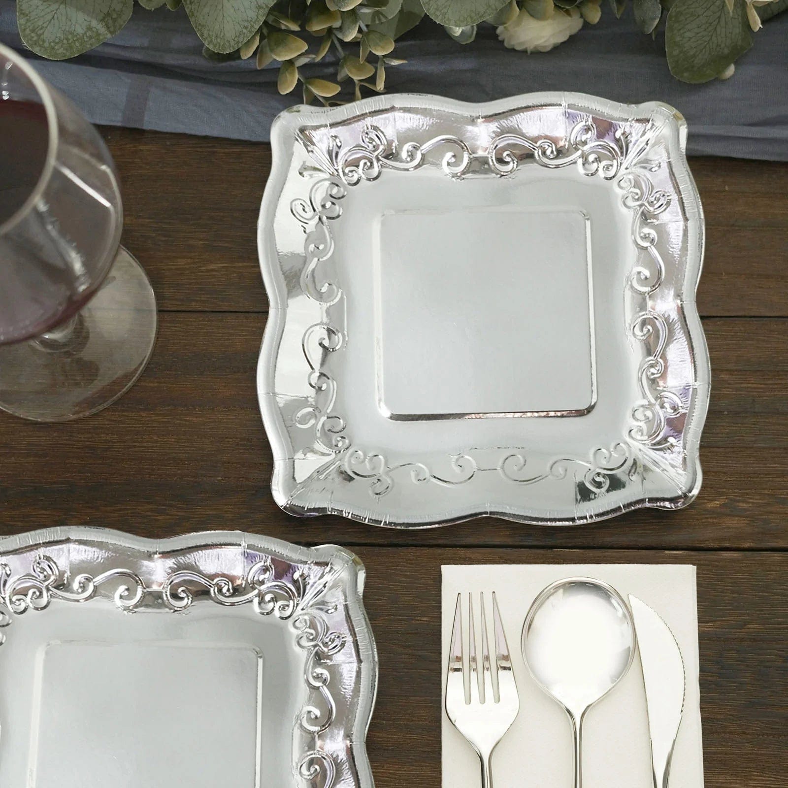 25 Square Disposable Dinner Dessert Paper Plates with Embossed Scroll Trim