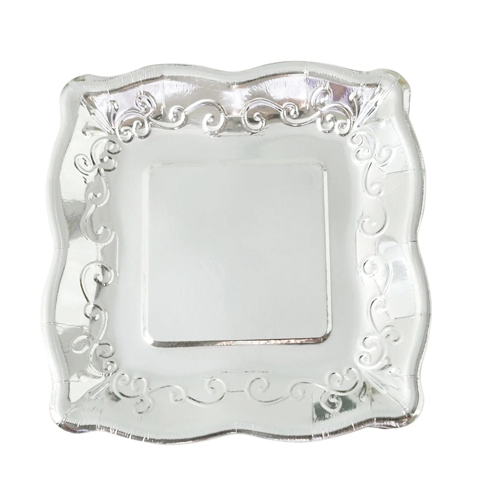 25 Square Disposable Dinner Dessert Paper Plates with Embossed Scroll Trim