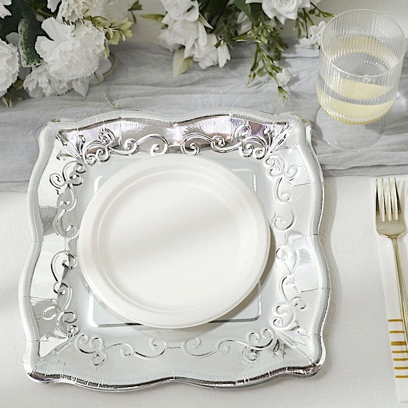25 Square Disposable Dinner Dessert Paper Plates with Embossed Scroll Trim