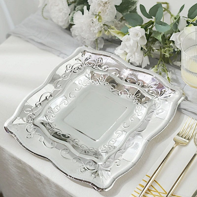 25 Square Disposable Dinner Dessert Paper Plates with Embossed Scroll Trim