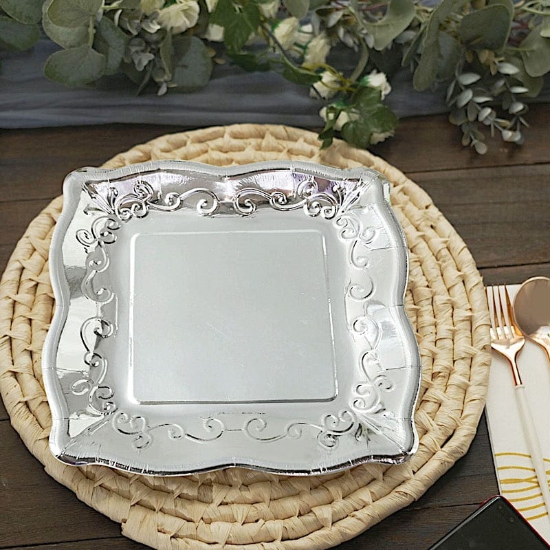 25 Square Disposable Dinner Dessert Paper Plates with Embossed Scroll Trim