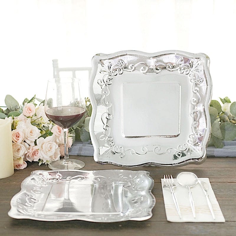 25 Square Disposable Dinner Dessert Paper Plates with Embossed Scroll Trim