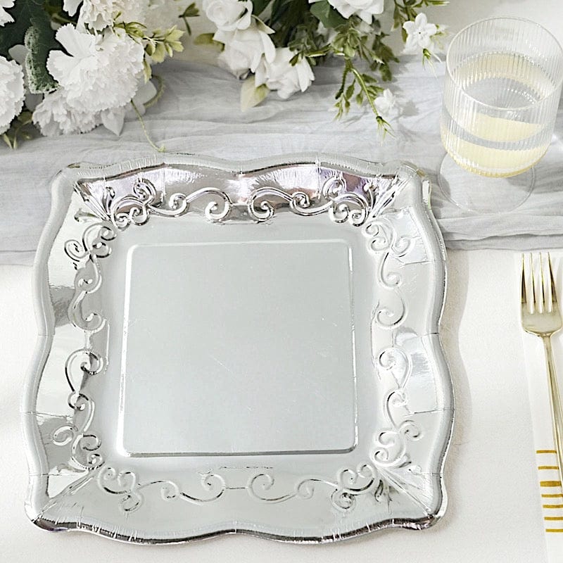 25 Square Disposable Dinner Dessert Paper Plates with Embossed Scroll Trim