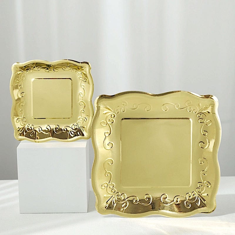 25 Square Disposable Dinner Dessert Paper Plates with Embossed Scroll Trim