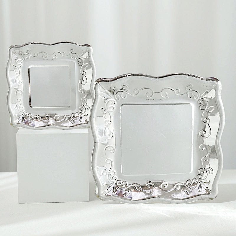 25 Square Disposable Dinner Dessert Paper Plates with Embossed Scroll Trim