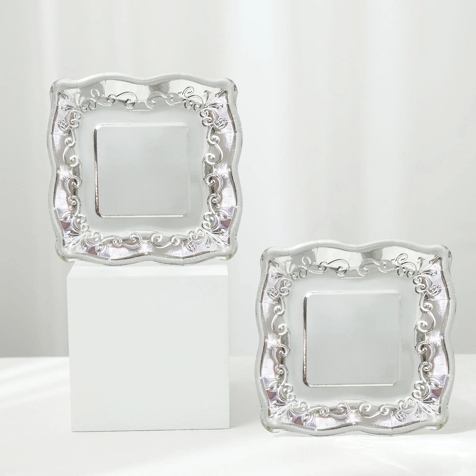 25 Square Disposable Dinner Dessert Paper Plates with Embossed Scroll Trim