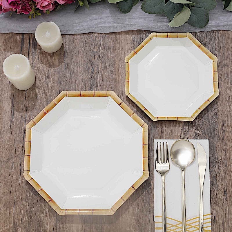 25 White Octagon Disposable Dinner Salad Paper Plates with Bamboo Print Trim