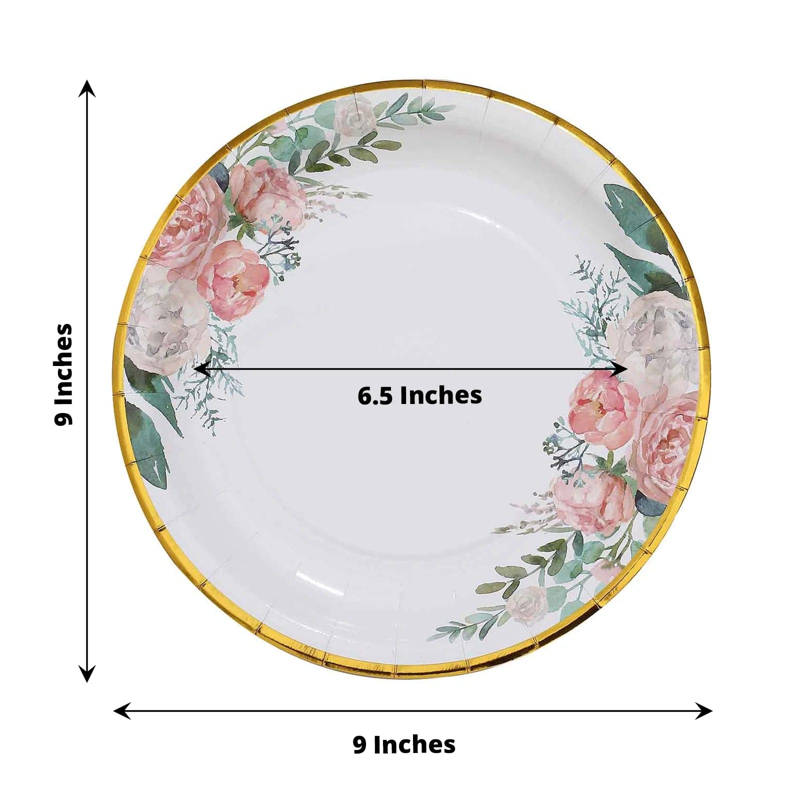 25 White Round Disposable Paper Plates with Floral Design and Gold Trim