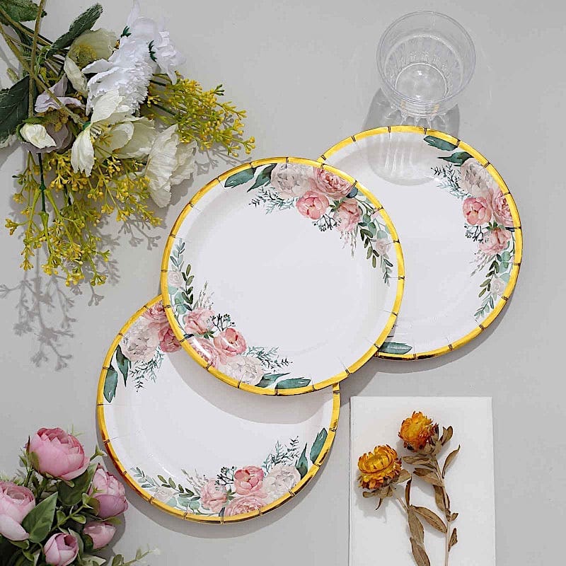 25 White Round Disposable Paper Plates with Floral Design and Gold Trim