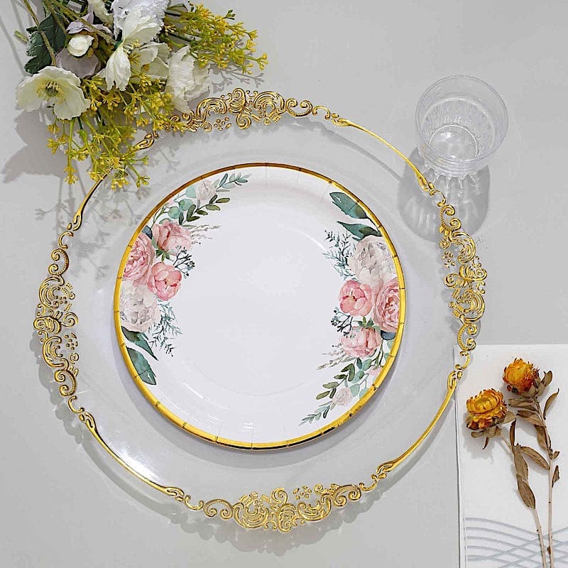 25 White Round Disposable Paper Plates with Floral Design and Gold Trim