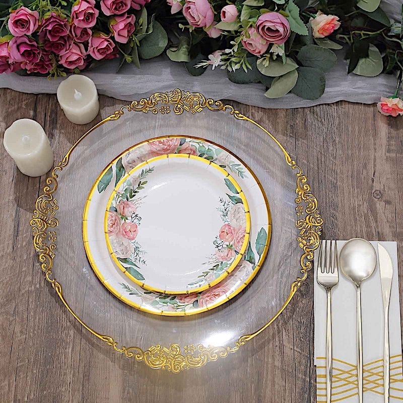 25 White Round Disposable Paper Plates with Floral Design and Gold Trim