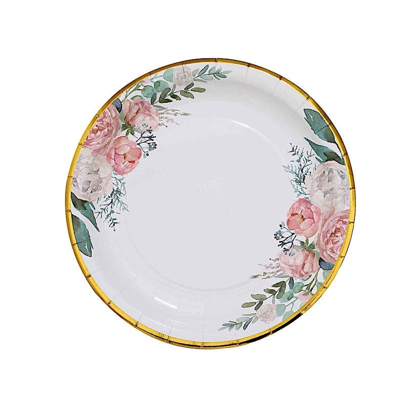25 White Round Disposable Paper Plates with Floral Design and Gold Trim