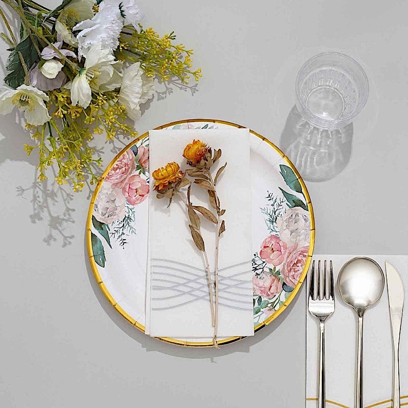 25 White Round Disposable Paper Plates with Floral Design and Gold Trim