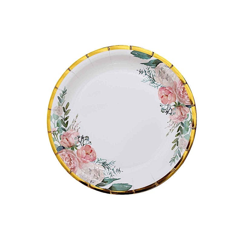 25 White Round Disposable Paper Plates with Floral Design and Gold Trim