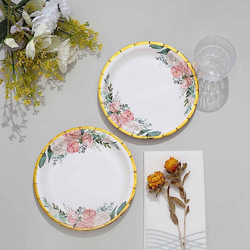 25 White Round Disposable Paper Plates with Floral Design and Gold Trim