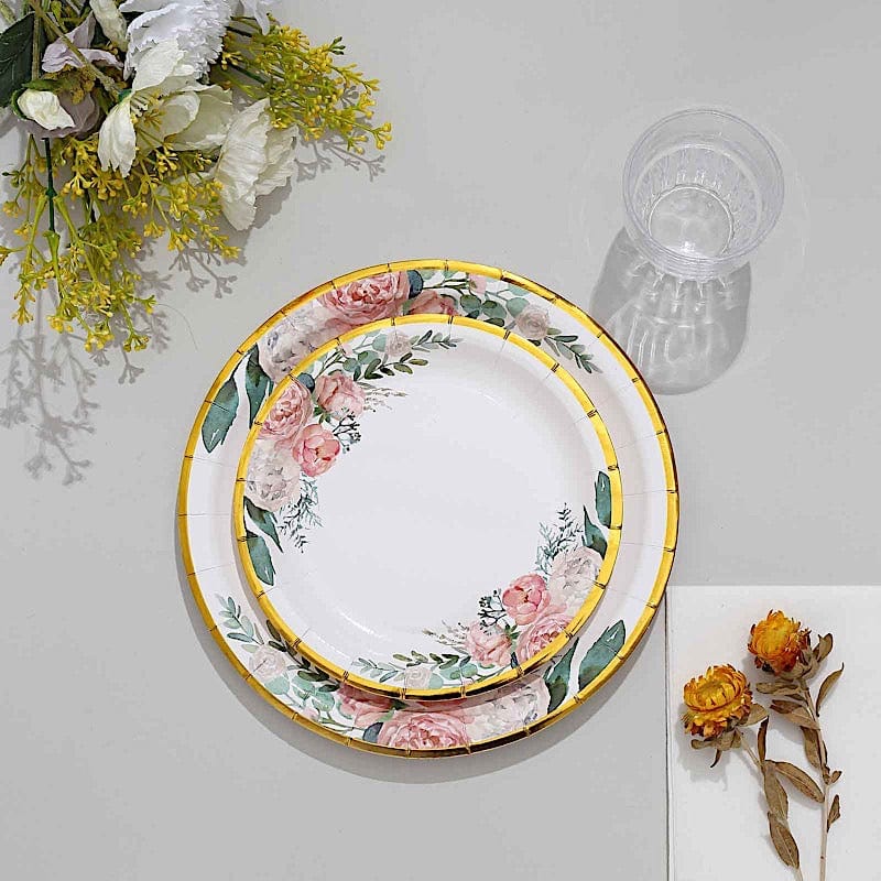 25 White Round Disposable Paper Plates with Floral Design and Gold Trim