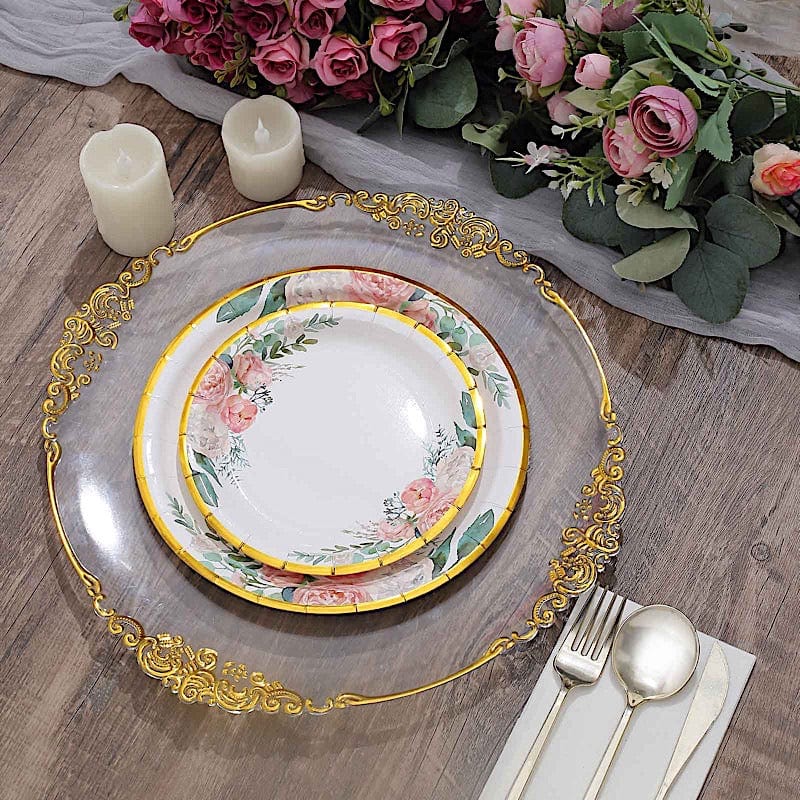 25 White Round Disposable Paper Plates with Floral Design and Gold Trim
