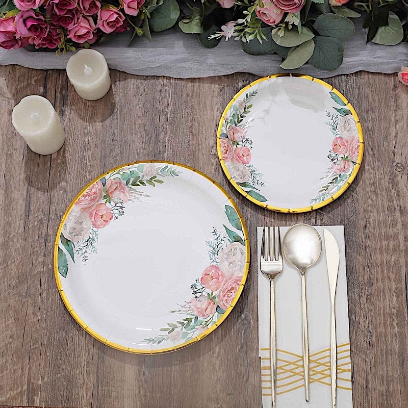 25 White Round Disposable Paper Plates with Floral Design and Gold Trim