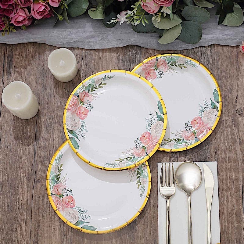 25 White Round Disposable Paper Plates with Floral Design and Gold Trim