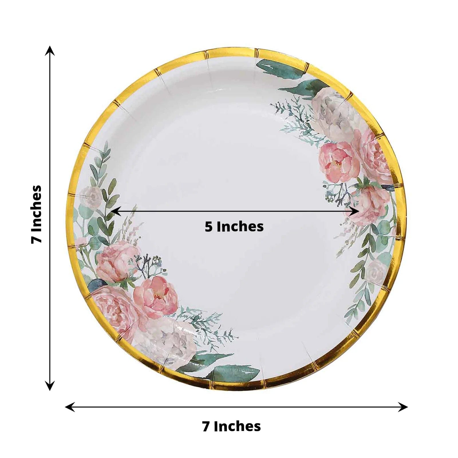 25 White Round Disposable Paper Plates with Floral Design and Gold Trim