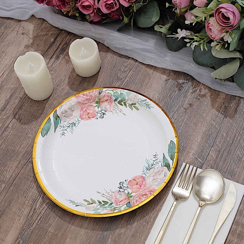 25 White Round Disposable Paper Plates with Floral Design and Gold Trim