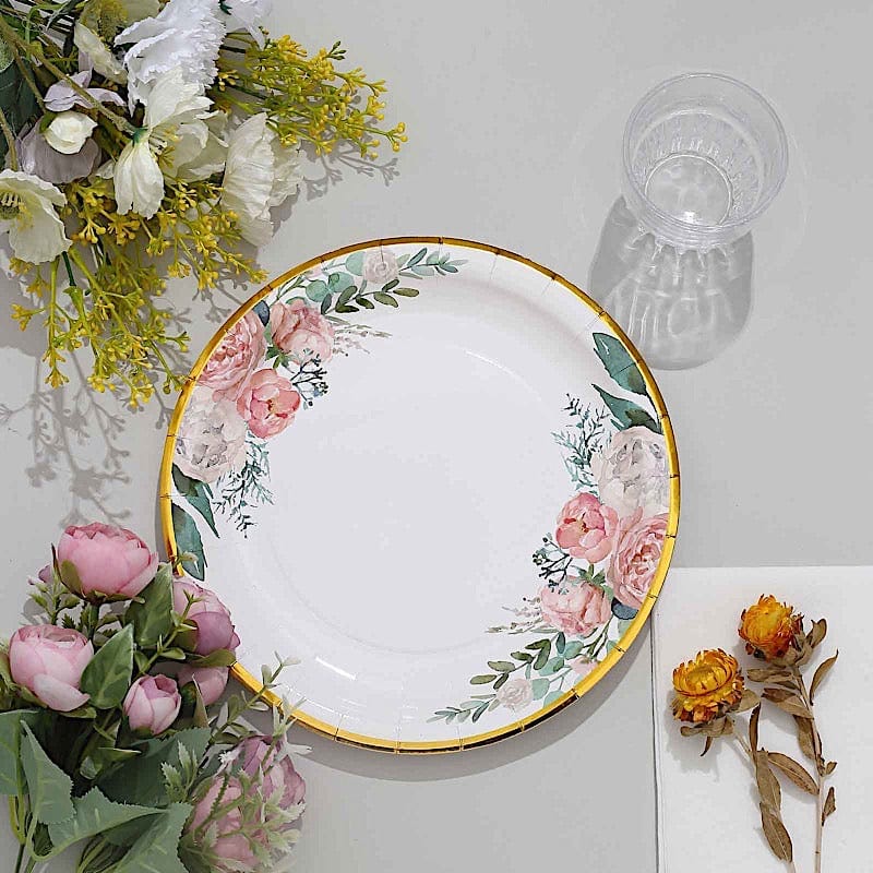 25 White Round Disposable Paper Plates with Floral Design and Gold Trim