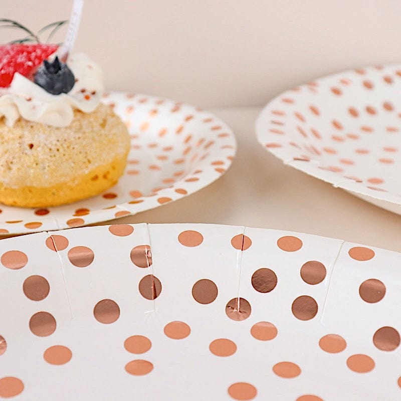 25 White Round Disposable Paper Plates with Rose Gold Polka Dots