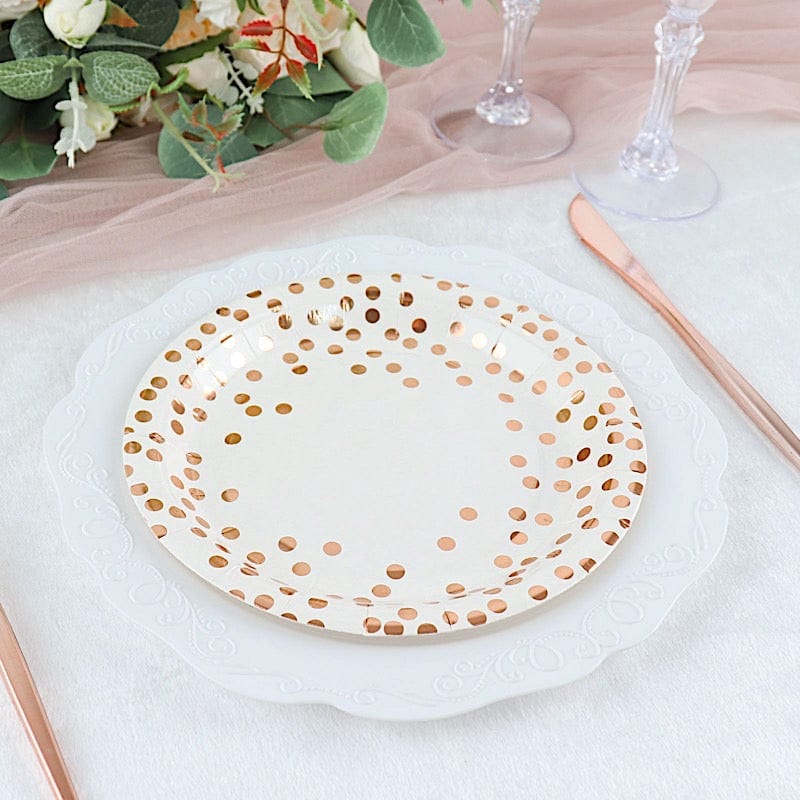 25 White Round Disposable Paper Plates with Rose Gold Polka Dots