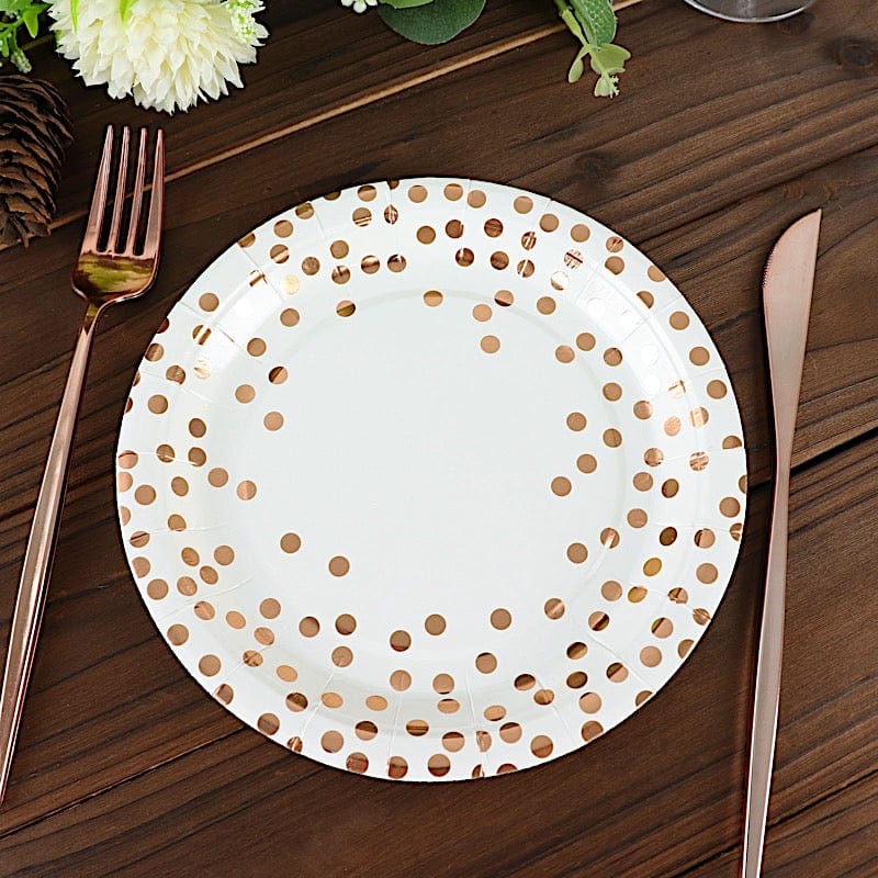 25 White Round Disposable Paper Plates with Rose Gold Polka Dots