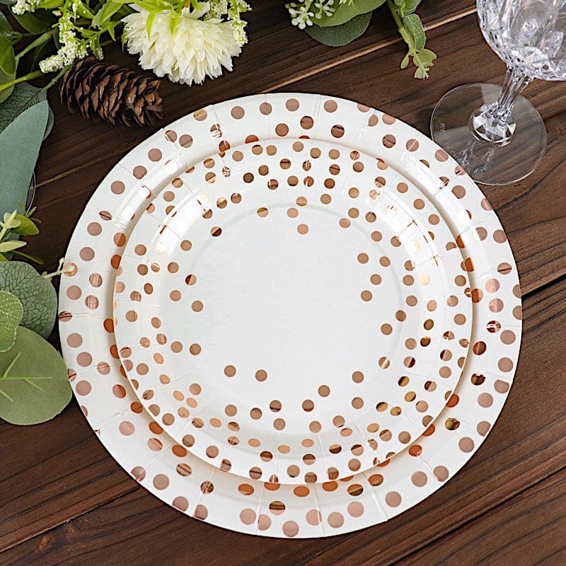 25 White Round Disposable Paper Plates with Rose Gold Polka Dots