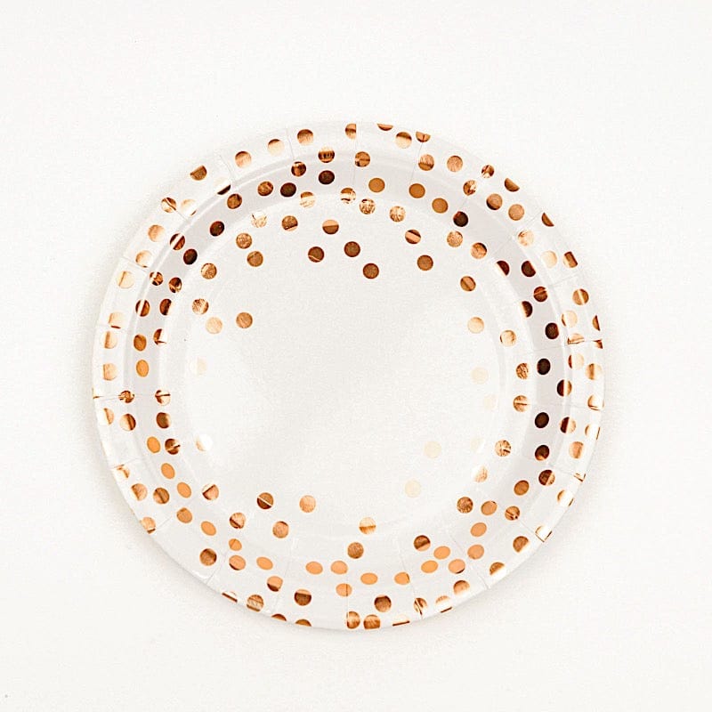 25 White Round Disposable Paper Plates with Rose Gold Polka Dots