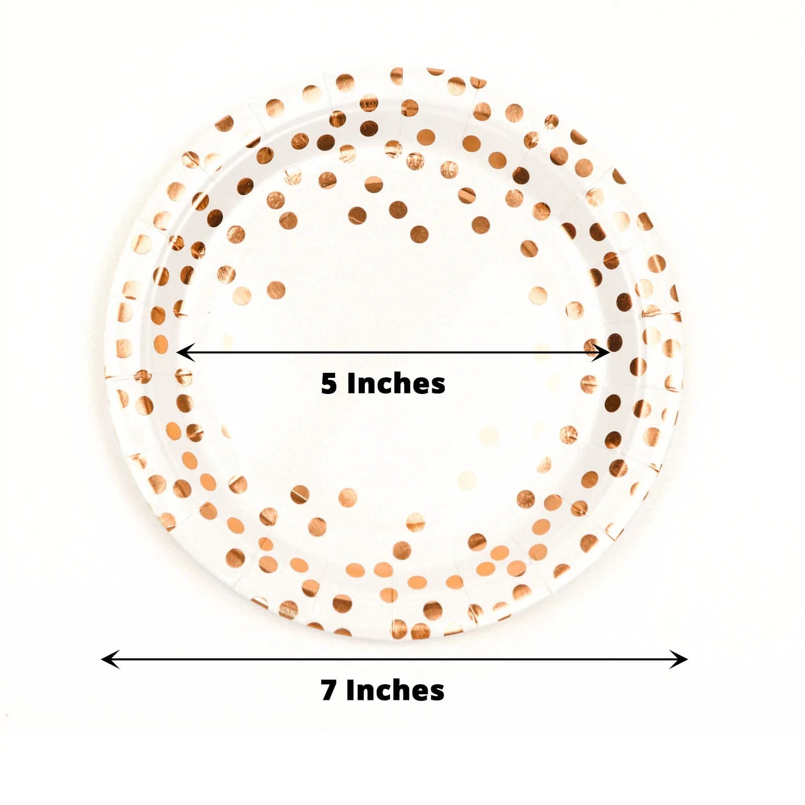 25 White Round Disposable Paper Plates with Rose Gold Polka Dots