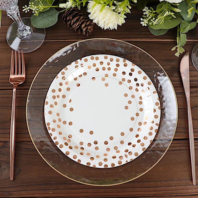 25 White Round Disposable Paper Plates with Rose Gold Polka Dots