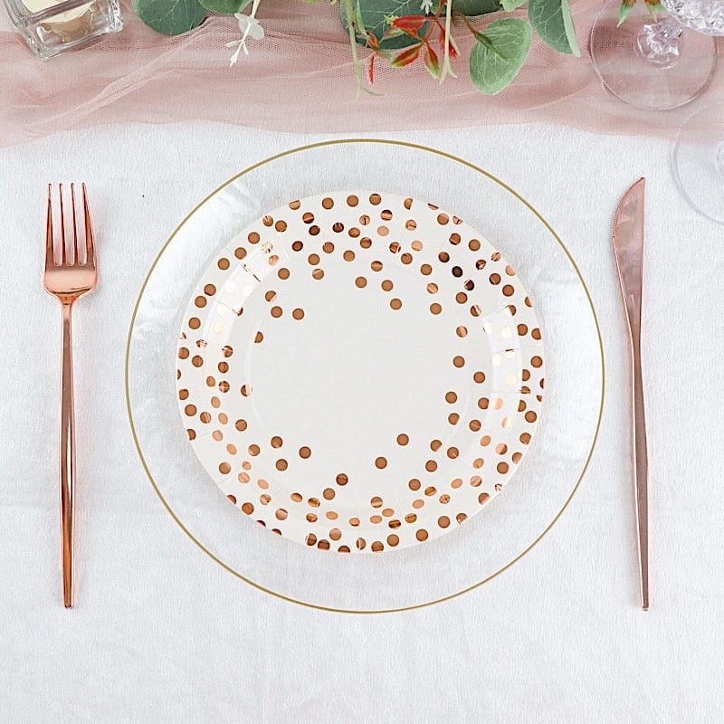 25 White Round Disposable Paper Plates with Rose Gold Polka Dots
