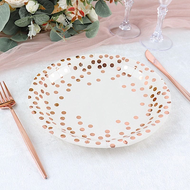 25 White Round Disposable Paper Plates with Rose Gold Polka Dots