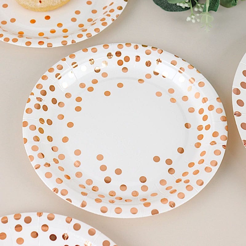 25 White Round Disposable Paper Plates with Rose Gold Polka Dots