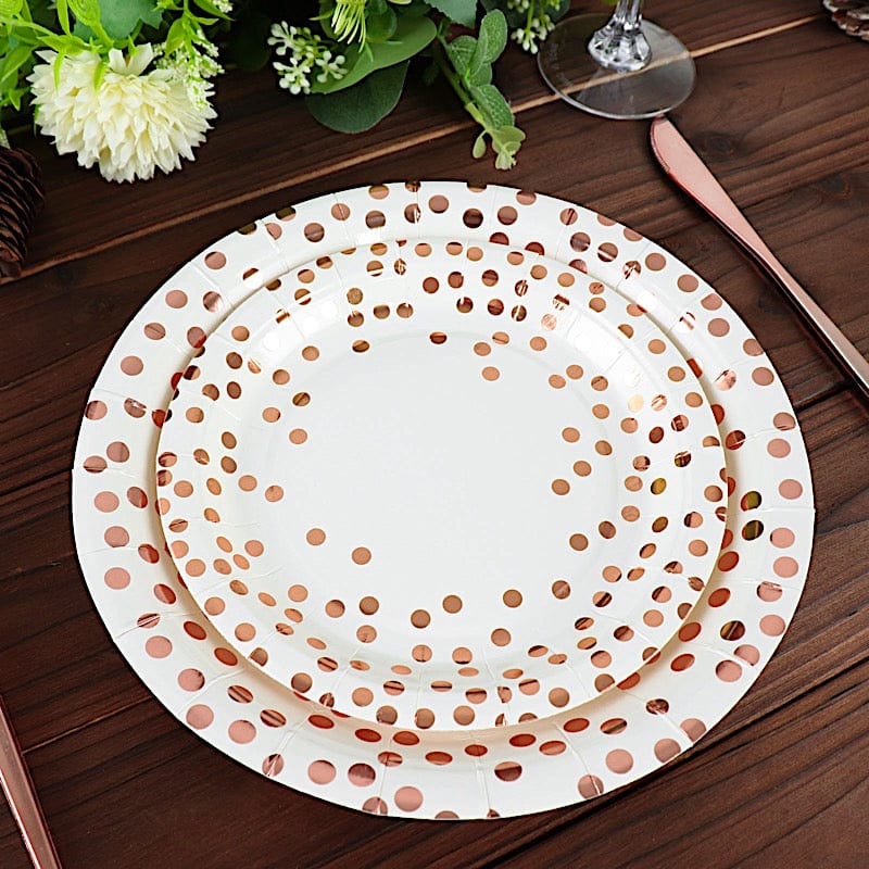 25 White Round Disposable Paper Plates with Rose Gold Polka Dots